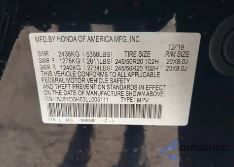 2020 Acura Mdx Technology Package из США, поврежденный, VIN 5J8YD3H53LL005111